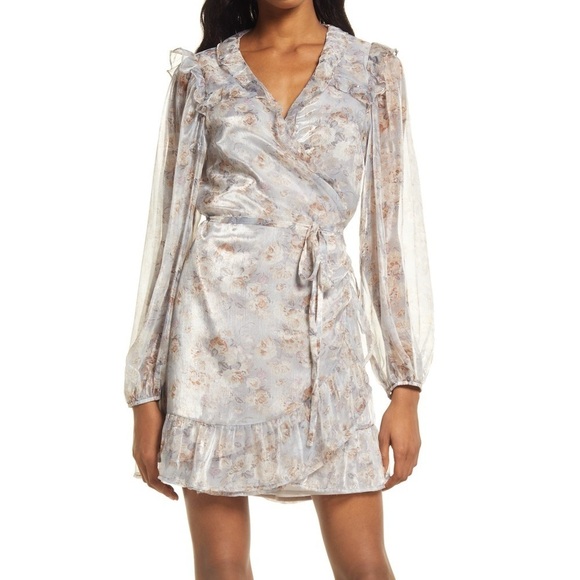 En Saison Floral Long Sleeve True Wrap Ruffle Mini Dress - Picture 1 of 9